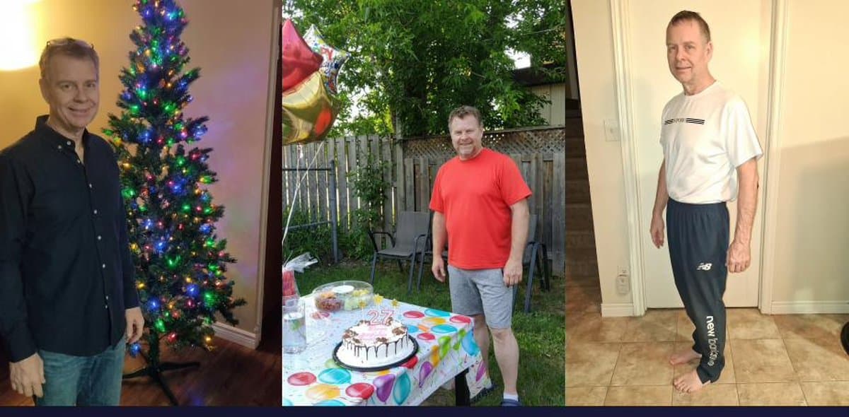 Three photos showing physical transformation: December 2025 before starting the protocol, mid-protocol summer 2026, and April 2026 after achieving full remission