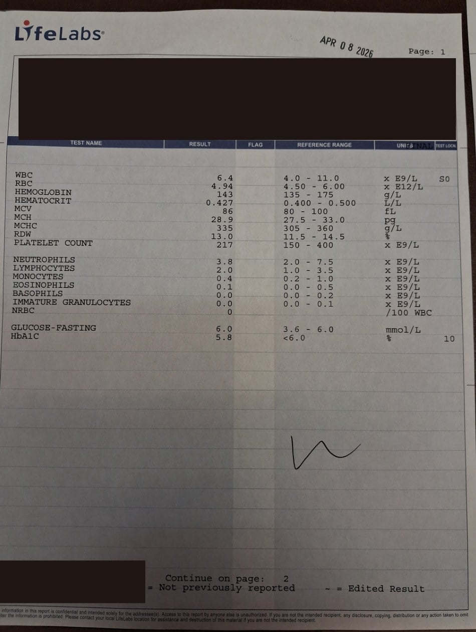 LifeLabs blood test from April 2026 showing A1C of 5.8 percent, full clinical remission