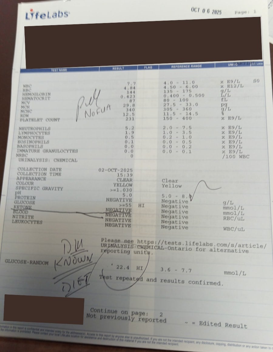 LifeLabs blood test from October 2025 showing baseline glucose of 22.4 mmol/L